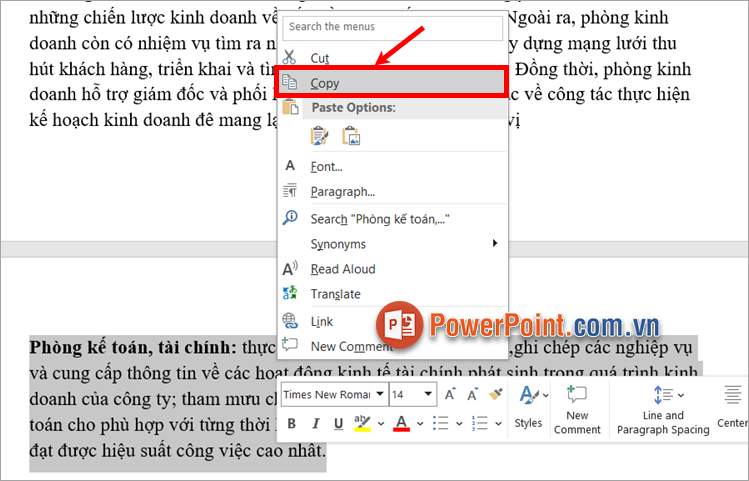 Nhấn chuột phải chọn Copy để sao chép dữ liệu trong Word