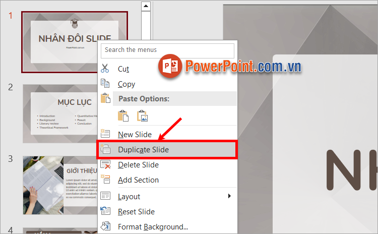 Nhấn chuột phải và chọn Duplicate Slide trong menu ngữ cảnh