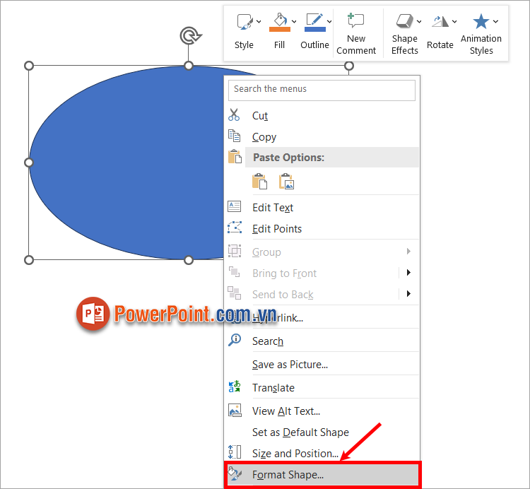 Nhấn chuột phải vào hình bạn vừa tạo và chọn Format Shape