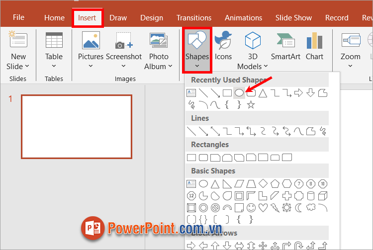 Nhấn Insert - Shapes - chọn hình mà bạn muốn thêm vào slide
