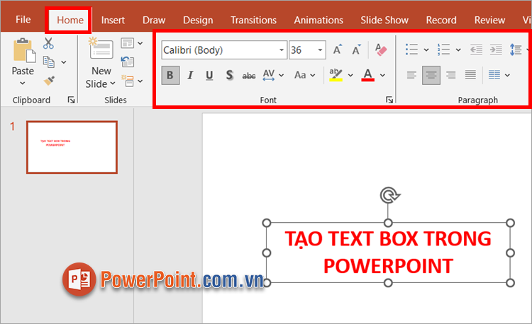 Sử dụng thẻ Home để thay đổi font chữ, kích thước, màu sắc, cho văn bản trong text box