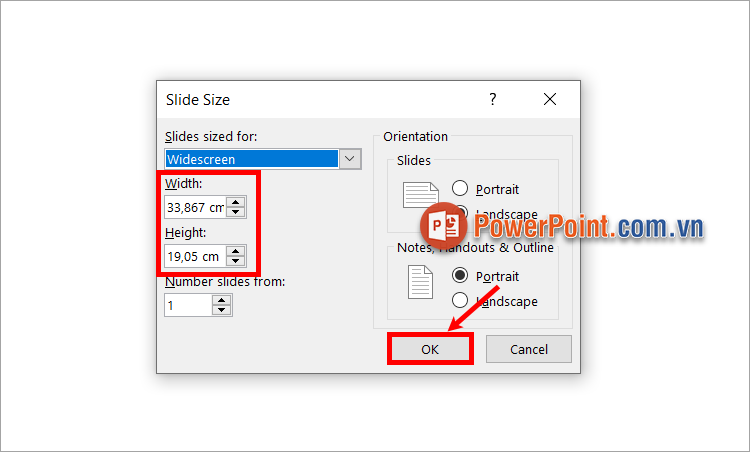 Thay đổi kích thước slide theo kích thước mà bạn muốn