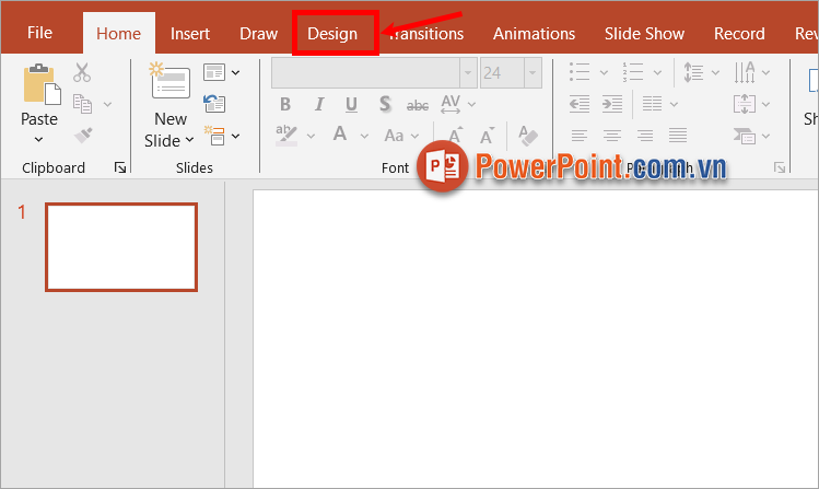 Thay đổi kích thước slide, trên thanh công cụ bạn chọn thẻ Design