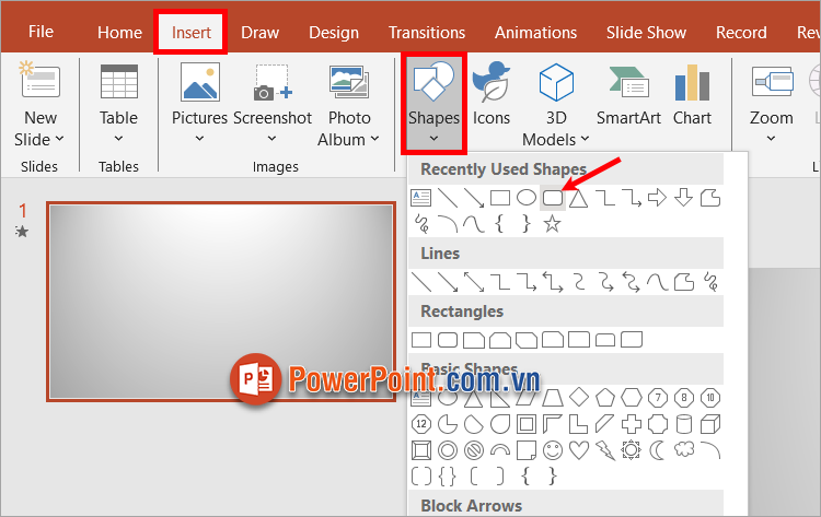 Thêm câu hỏi bạn chọn Insert - Shapes - hình chữ nhật
