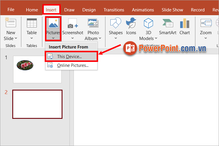 Thêm hình ảnh vào slide bằng cách chọn Insert - Picture - This Device