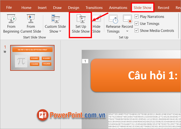 Trên file PowerPoint muốn vô hiệu hóa hiệu ứng, chọn Slide Show - Set Up Slide Show