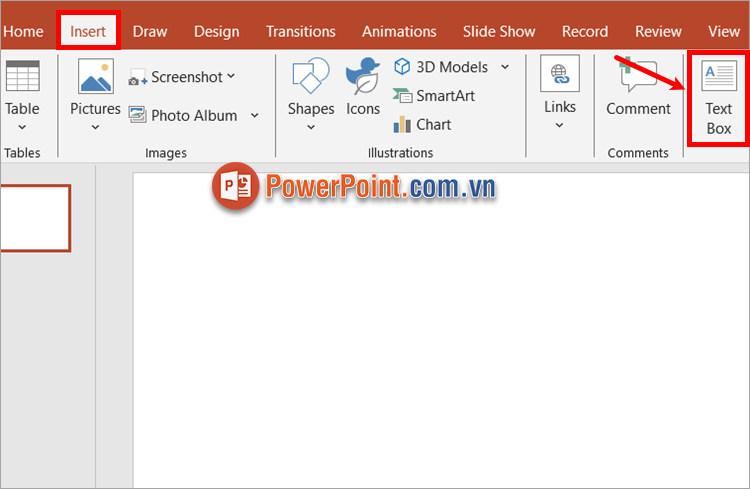 Trên slide cần tạo text box, bạn chọn Insert - Text Box