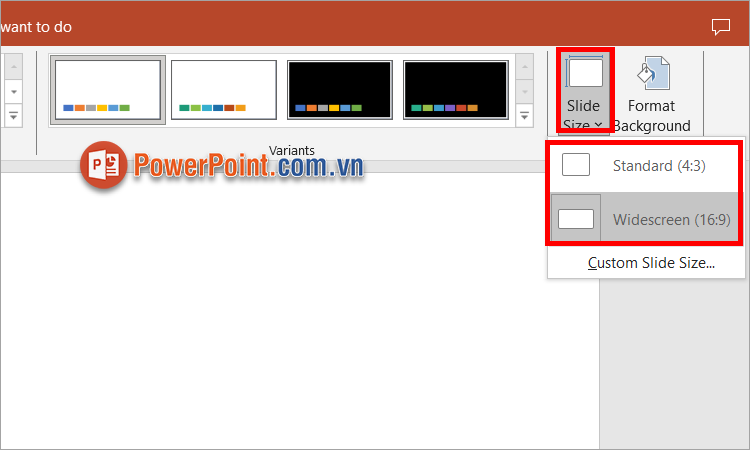 Trong phần Customize, chọn Slide Size, và thay đổi kích thước slide trong PowerPoint
