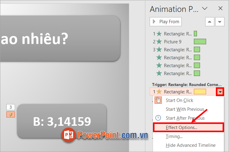 Trong phần Trigger, chọn hiệu ứng Fill Color của đáp án đúng và ấn Effect Options