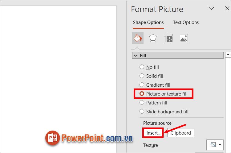 Xuất hiện cửa sổ Format Shape, bạn chọn Picture or texture fill - Insert