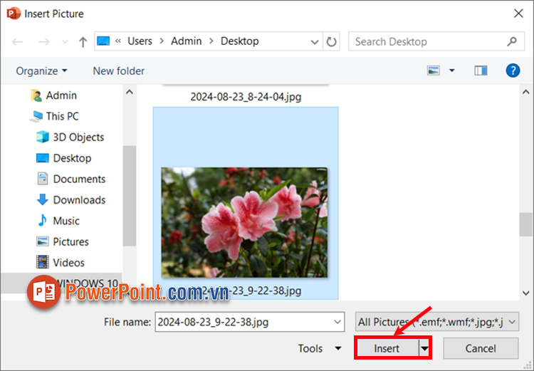 Xuất hiện cửa sổ Insert Picture, chọn đến hình ảnh cần chèn vào shape và ấn Insert