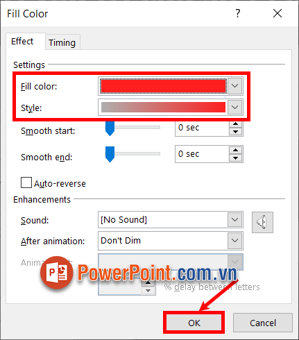 Xuất hiện Fill Color, tại thẻ Effect, chọn màu đỏ trong Fill color
