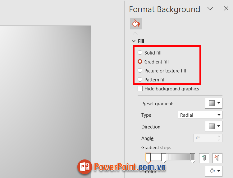 Xuất hiện phần Format Background bạn chọn màu nền cho slide