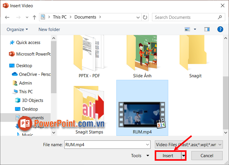 Chọn đến file mà bạn muốn thêm để thêm vào slide PowerPoint Chọn đến file mà bạn muốn thêm để thêm vào slide PowerPoint