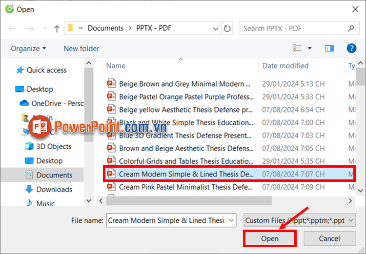 Chọn đến file PowerPoint bạn muốn gửi qua mail và chọn Open