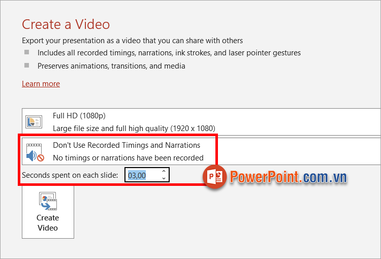 Chọn Dont Use Recorded Timings and Narrations và thiết lập thời gian trong Seconds spent on each slide