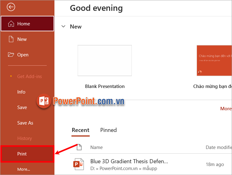 Chọn File - Print (tổ hợp Ctrl + P) để mở cửa sổ In