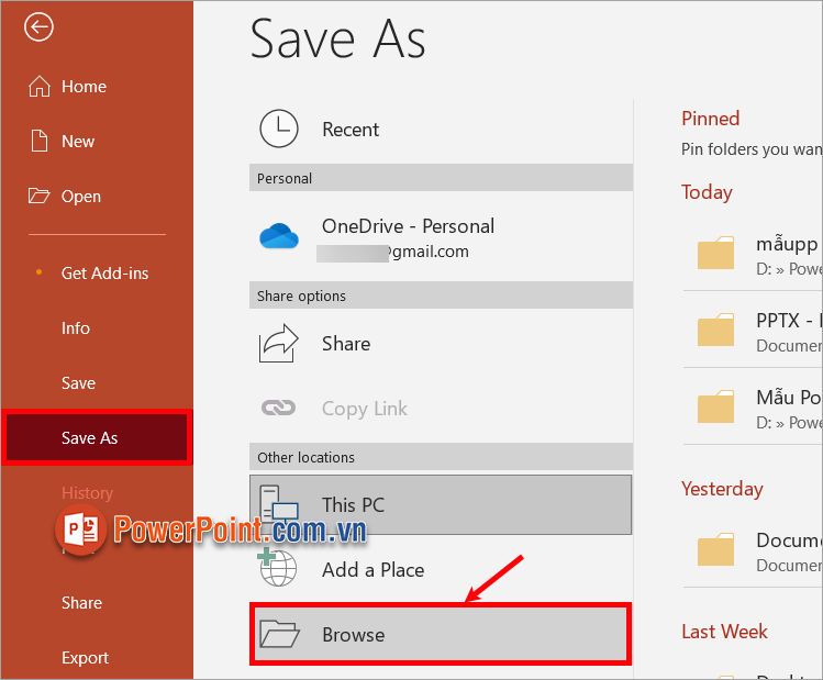 Chọn File - Save As - Browse (hoặc nhấp đúp chọn This PC)