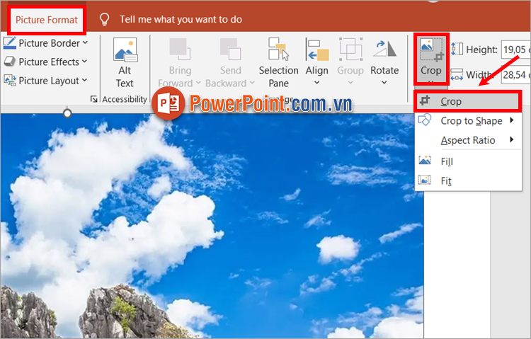 Chọn hình ảnh cần cắt ➔ Picture Format ➔ Crop ➔ Crop Chọn hình ảnh cần cắt ➔ Picture Format ➔ Crop ➔ Crop