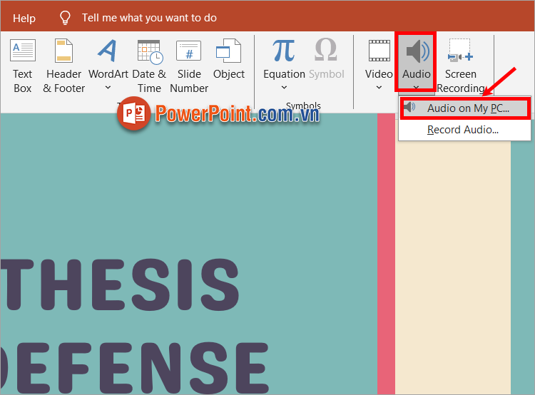 Chọn Insert - Audio - ấn Audio on My PC (âm thanh trên PC), Record Audio (ghi âm)