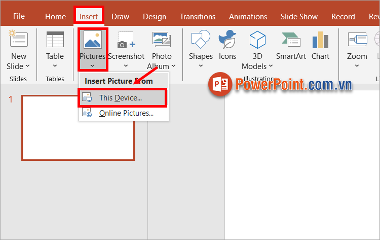 Chọn Insert ➔ Picture ➔ This Device Chọn Insert ➔ Picture ➔ This Device