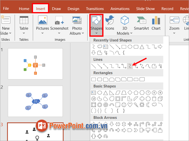Chọn Insert ➔ Shapes ➔ chọn đường kẻ trong Lines
