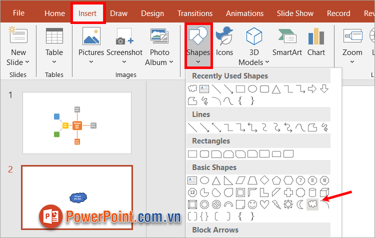 Chọn Insert ➔ Shapes ➔ chọn hình khối