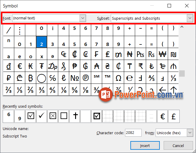 Chọn (normal text) trong Font, sau đó trong Subset nhấn Superscripts and Subscripts