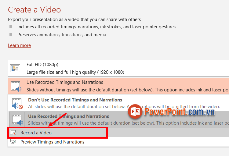 Chọn Record a video để bắt đầu ghi lại quá trình trình chiếu PowerPoint