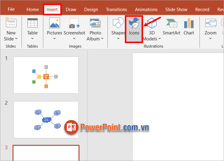 Chọn slide cần tạo sơ đồ tư duy, chọn thẻ Insert ➔ Icons