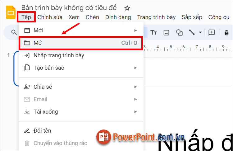 Chọn Tệp ➔ Mở (hoặc nhấn tổ hợp Ctrl + O)