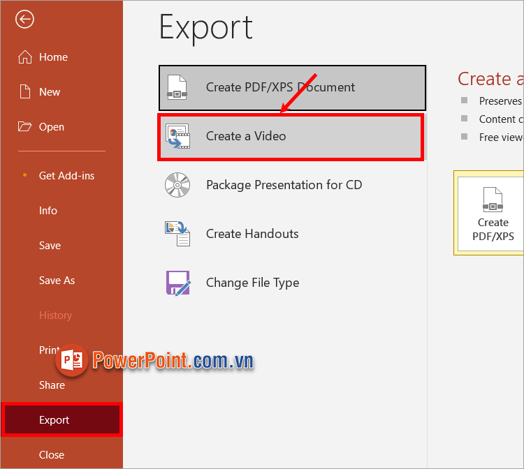 Chọn tiếp Export - Create a Video