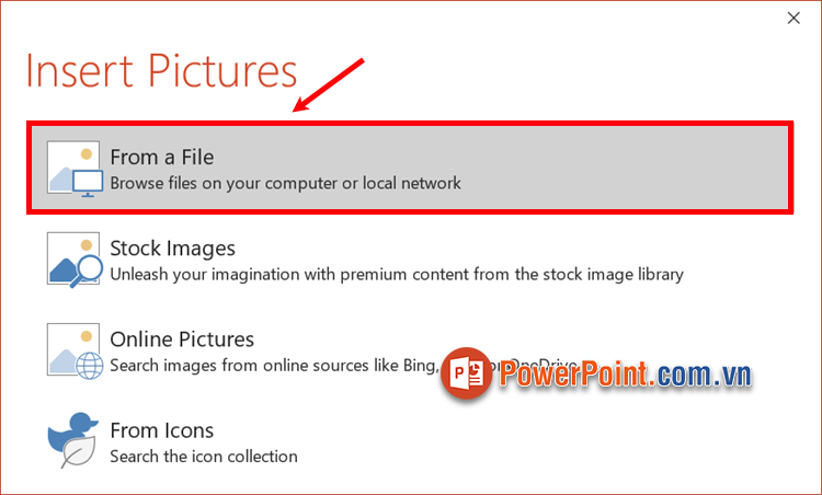 Chọn tiếp From a File trong Insert Pictures