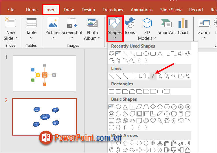 Chọn tiếp Insert ➔ Shapes ➔ chọn các loại đường kẻ trong Lines