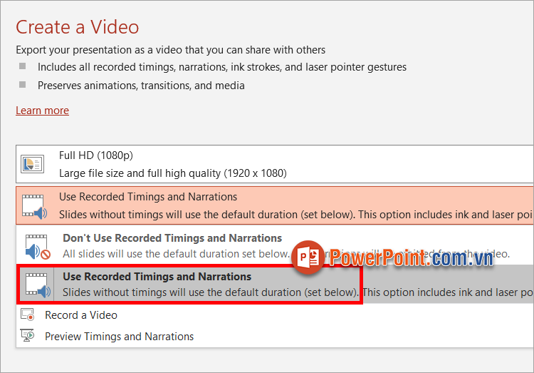 Chọn Use Recorded Timings and Narrations