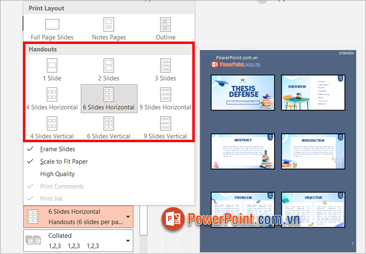 Chọn vào phần Handout, bạn sẽ thấy trang in của bạn giống như những tùy chỉnh thiết lập