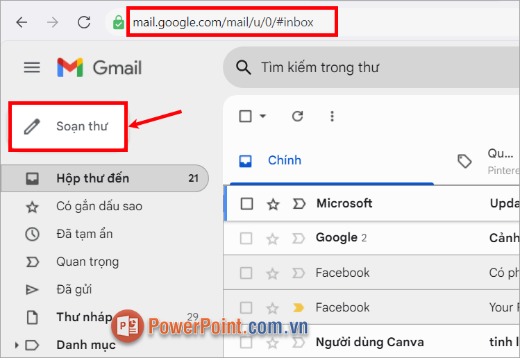 Đăng nhập thành công, trên giao diện gmail bạn chọn Soạn Thư
