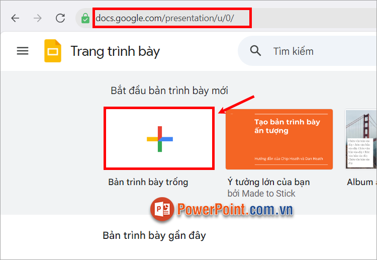 Đăng nhập vào tài khoản Google của bạn. Tiếp theo bạn chọn Bản trình bày trống