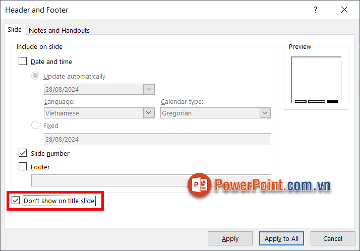 Đánh số trang trừ trang đầu tiên tích chọn vào ô vuông trước Dont show on title slide Đánh số trang trừ trang đầu tiên tích chọn vào ô vuông trước Dont show on title slide
