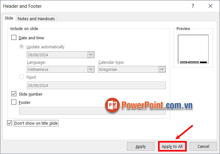 Để đánh số trang cho tất cả các trang trong PowerPoint bạn chọn Apply to All Để đánh số trang cho tất cả các trang trong PowerPoint bạn chọn Apply to All