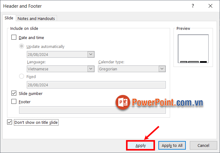 Để đánh số trang cho trang hiện tại bạn chọn Apply Để đánh số trang cho trang hiện tại bạn chọn Apply