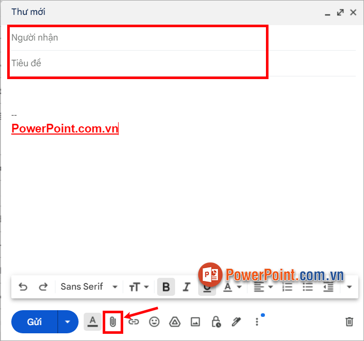 Để gửi PowerPoint qua mail, bạn chọn biểu tượng Đính kèm tệp