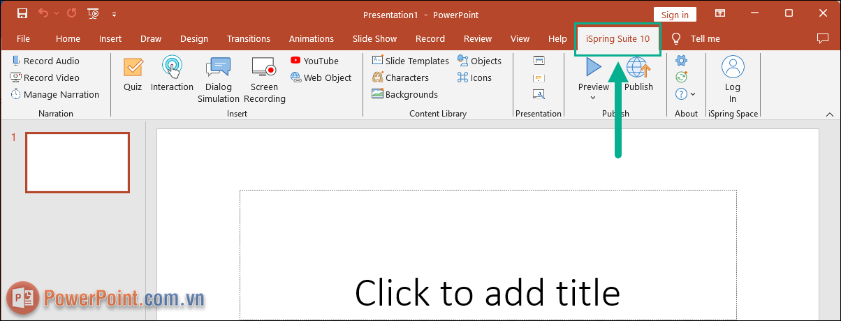 Để sử dụng iSpring Suite, bạn chọn thẻ iSpring Suite trên thanh công cụ PowerPoint