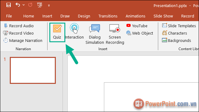Để tạo bài tập trắc nghiệm trên PowerPoint, chọn biểu tượng Quiz trong thẻ iSpring Suite