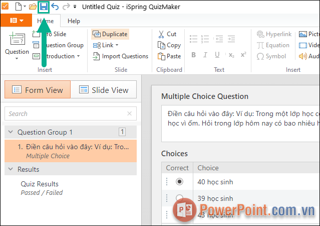 Hoàn tất các câu hỏi trắc nghiệm trên iSpring Suite, chọn Save