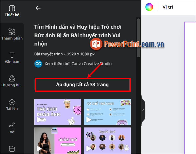 Lựa chọn mẫu mà bạn muốn, và chọn Áp dụng tất cả các trang