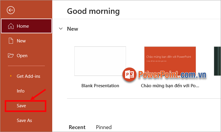Lưu lại poster PowerPoint bằng cách nhấn chọn File - Save (hoặc tổ hợp Ctrl + S)