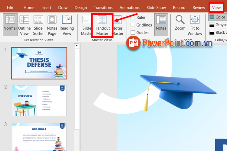 Mở file PowerPoint và chọn View - Handout Master