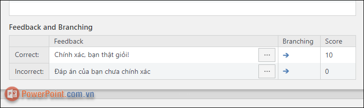 Mục Feedback and Branching cho phép bạn tùy chọn các thiết lập về đáp án đúng
