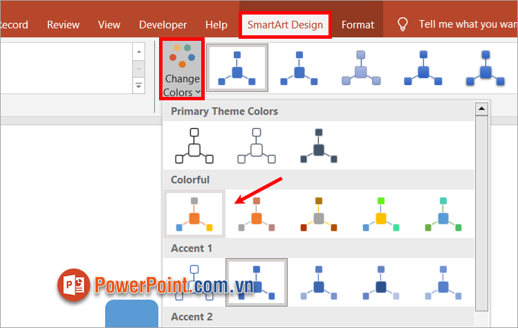Nhấn SmartArt ➔ Change Colors ➔ chọn màu sắc bạn muốn thay đổi